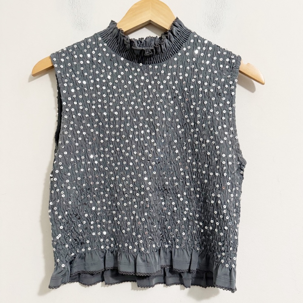 Sandro Yahir Smocked Sequin Tank Top - Picture 2 of 10